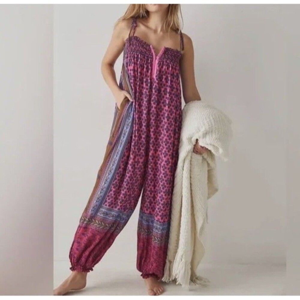 Free People Pink and Blue Patterned Jumpsuit
